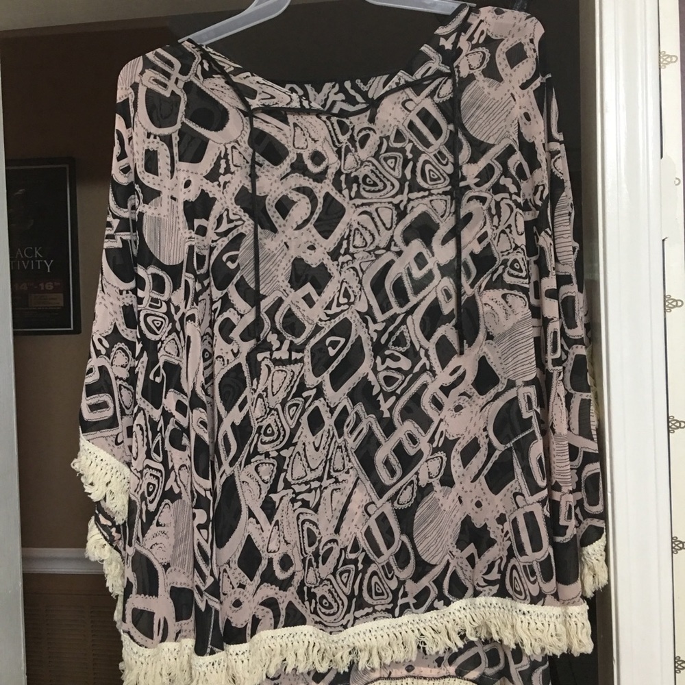 Sheer black and soft pink poncho w/white fringes